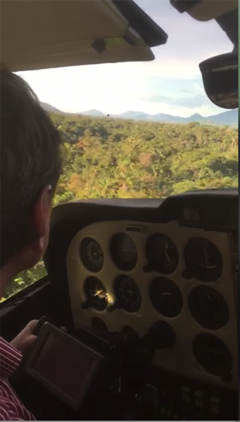 A screenshot from a video showing a pilot land in a jungle.