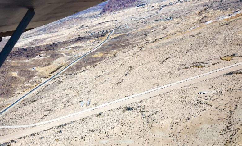 Fulcher Field, a gravel strip in Terlingua, is visible below the Luscombe’s right wing. [Credit: Hannah Gentiles]